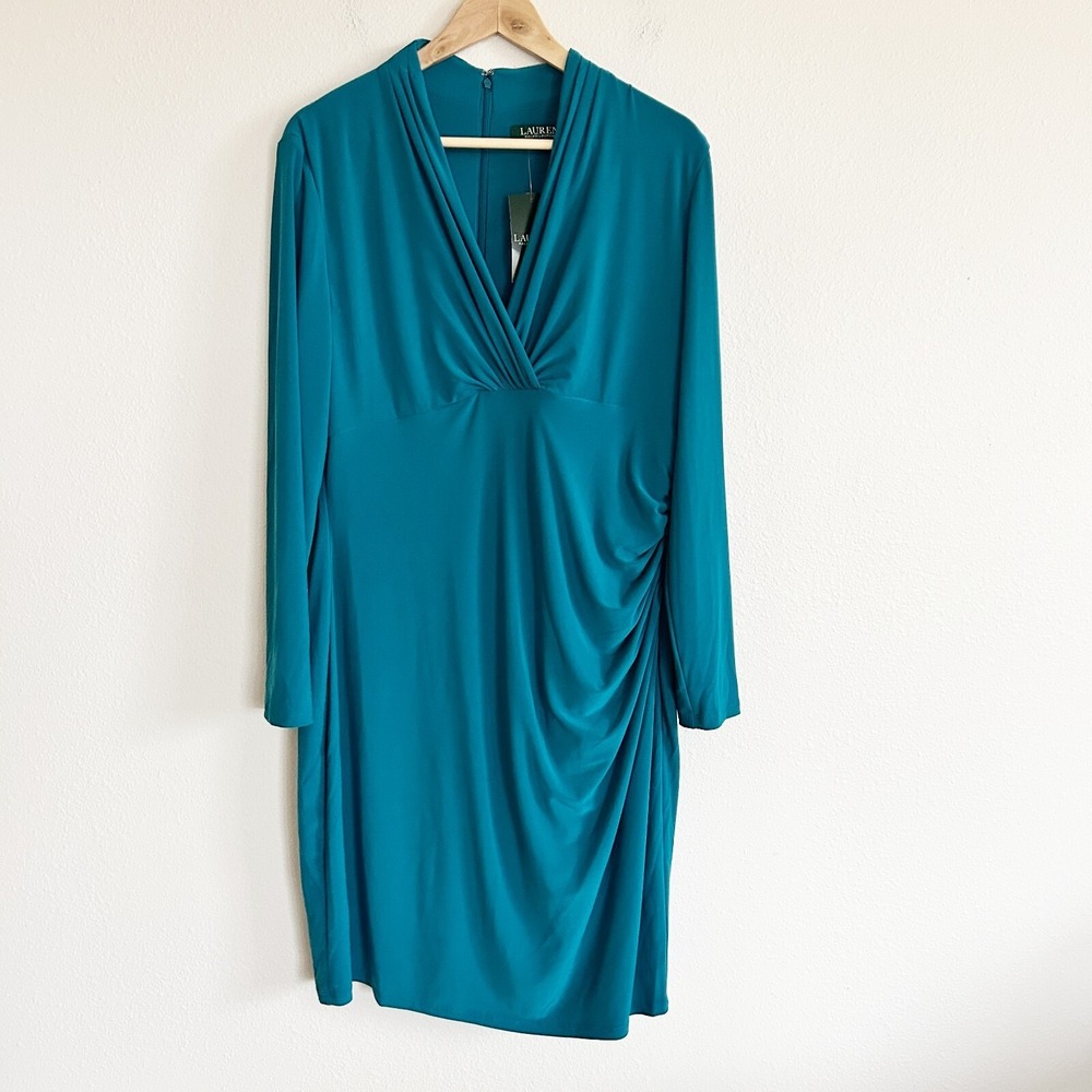 NWT Lauren Ralph Lauren Dress Womens 16 French Teal Blue Faux Wrap Essentials